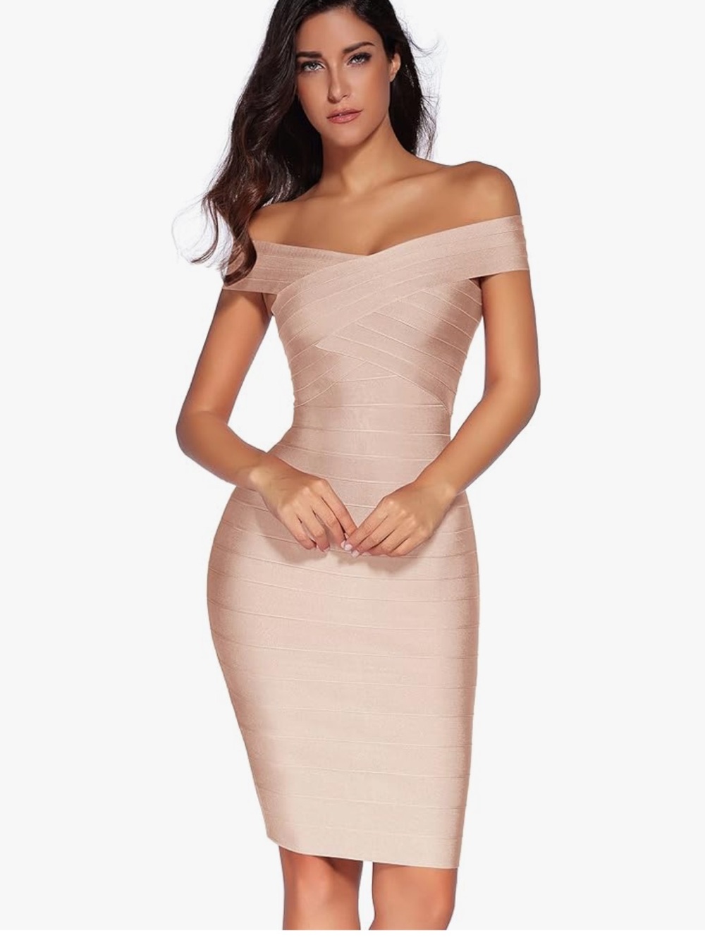 Off-Shoulder Bandage Midi Dress in Nude/Beige/Light Pink